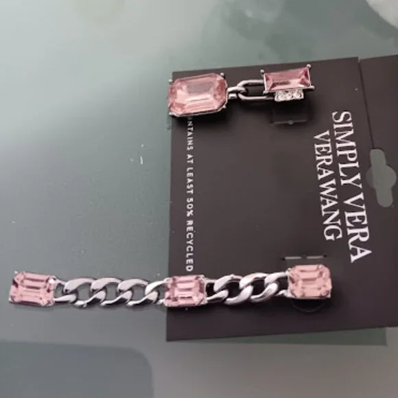 VERA WANG Rocker Chic Gunmetal Chain Pink/Clear Crystal Mismatch Drop Earrings - Picture 3 of 3